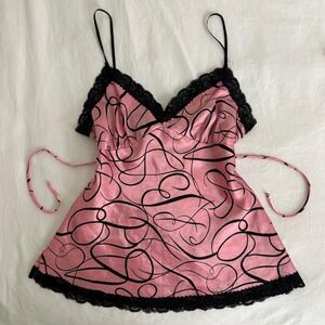 Y2K One Heart Pink with black swirling lines lace trim babydoll top